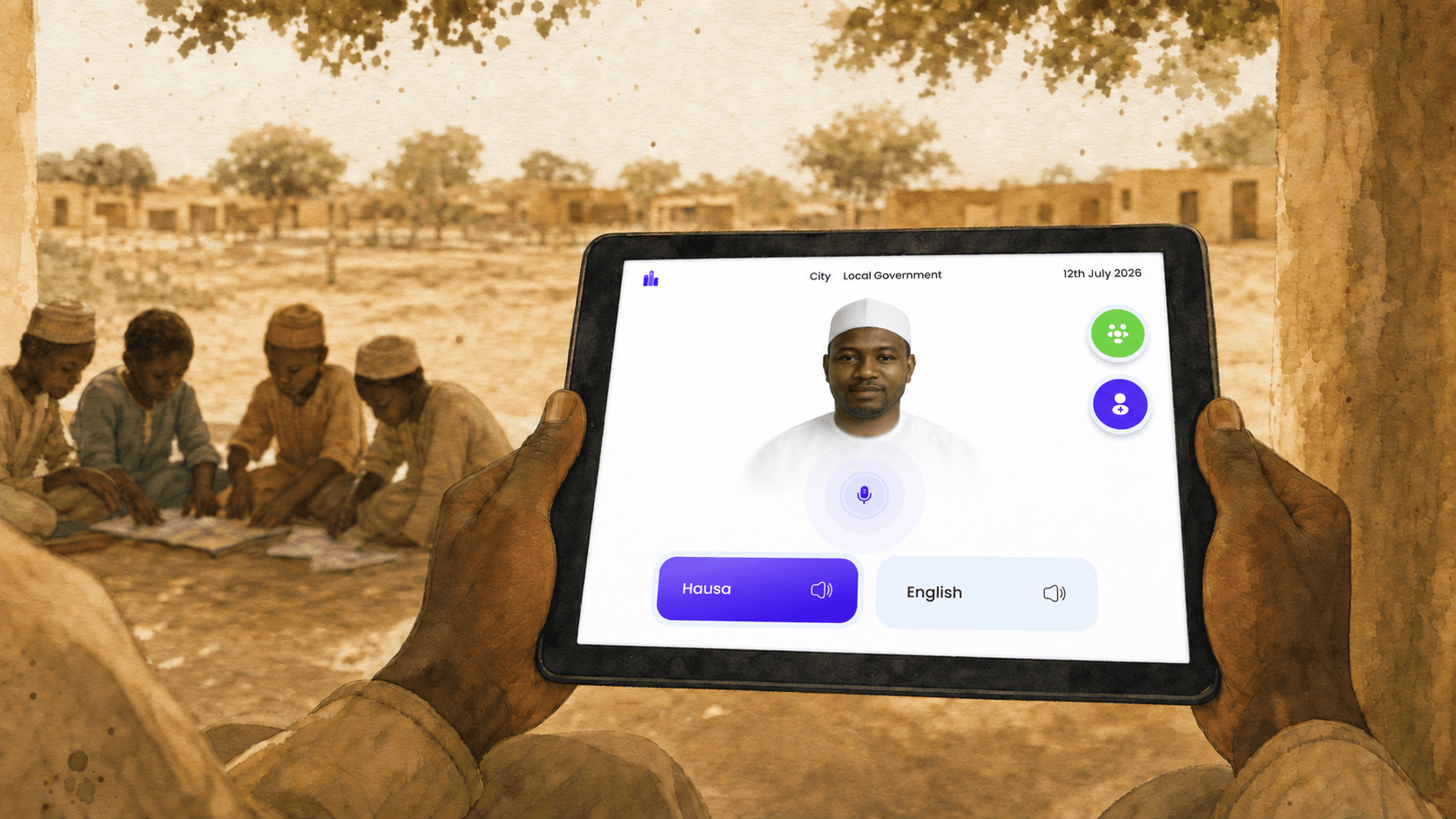 An illustrated tablet showing Hantsi’s starting screen with a teacher, microphone, and Hausa and English language choices