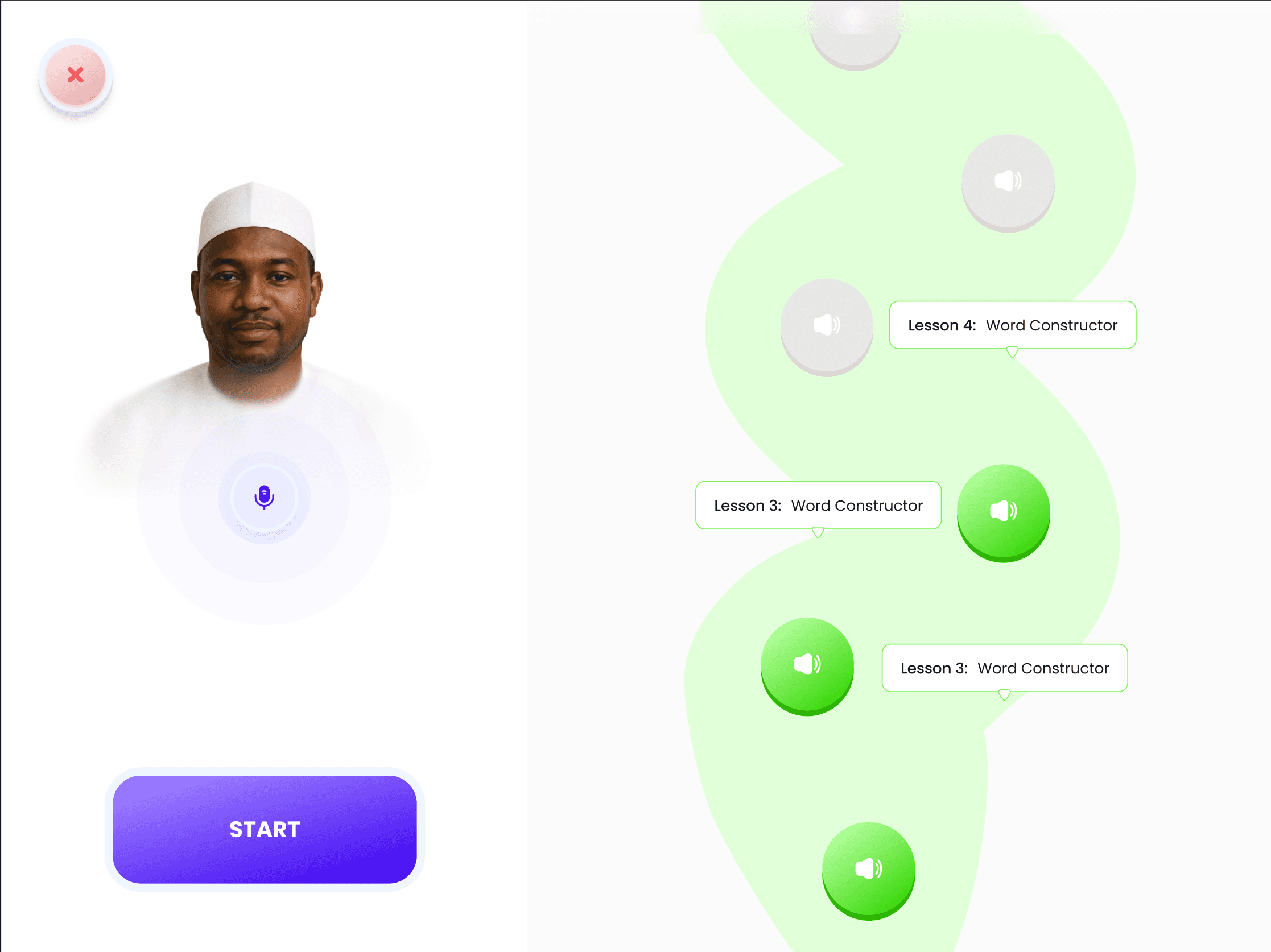 Hantsi lesson journey with a teacher, voice controls and green lesson buttons along a winding path