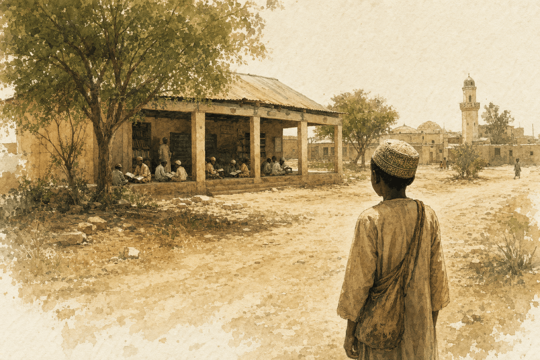 Watercolor illustration of a child approaching a shaded community learning space