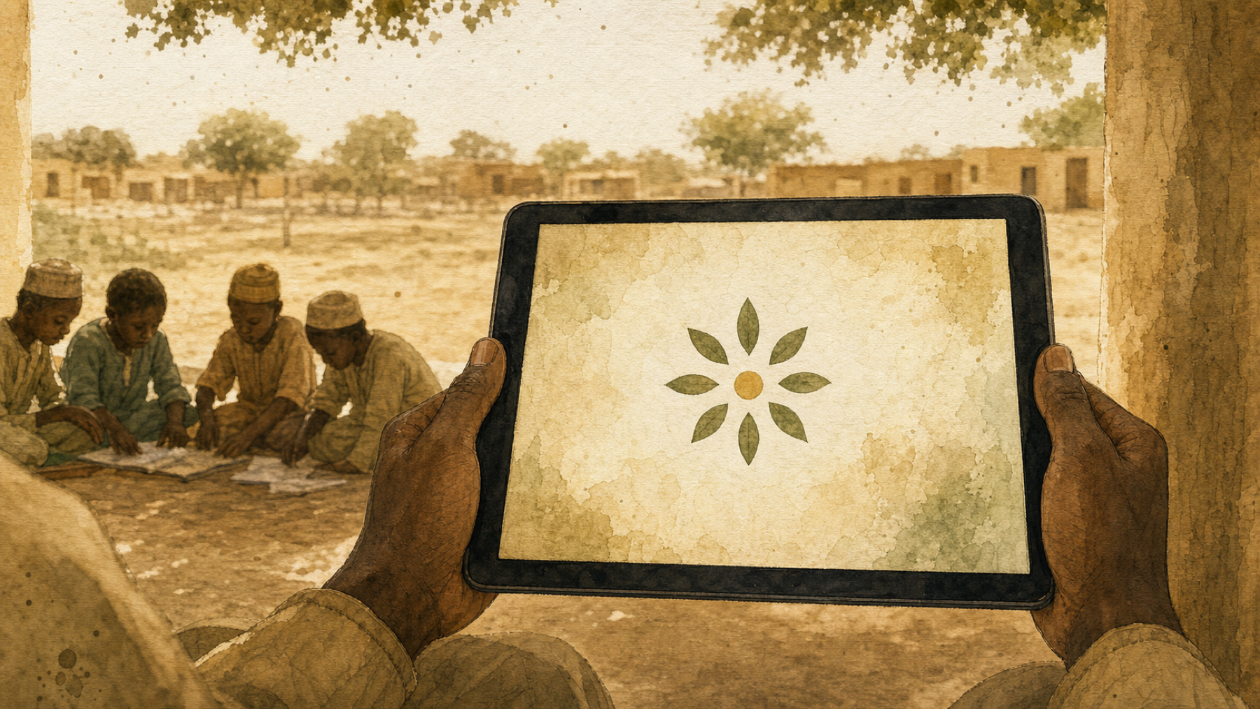 A learning tablet held beside children studying together